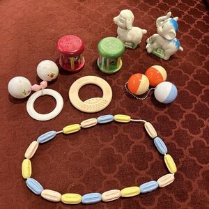 Vintage Baby Rattle Crib Toy Squeaky Elephant Lamb Wooden Teething Ring 60s 70s